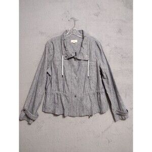 LOFT Women's M Jacket Linen Cotton Navy Denim Jean Style Stripe Zip Adjust Beach